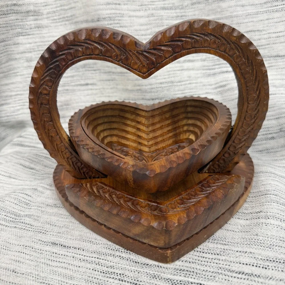 Vintage Carved Wooden Collapsible Folding Heart Bowl Basket Cottagecore Rustic